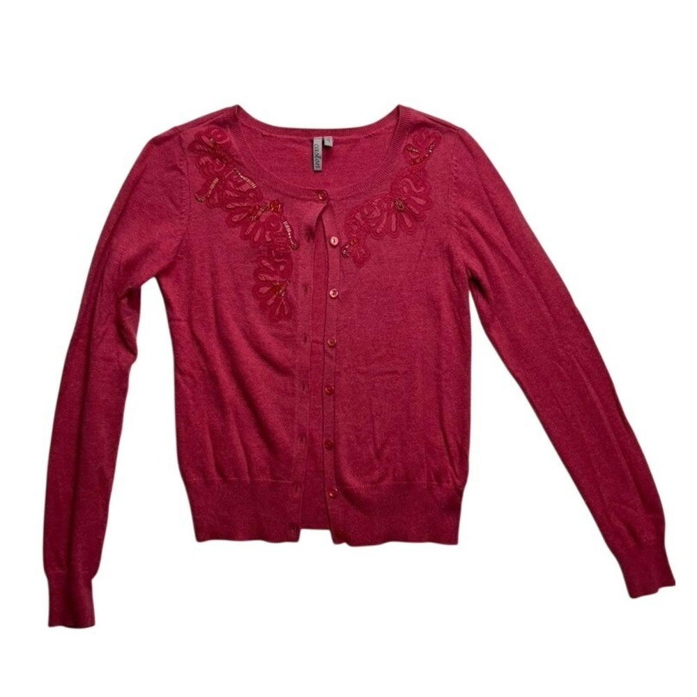 Caslon Womens XS Raspberry Pink Beaded Floral Applique Cashmere Blend Cardigan